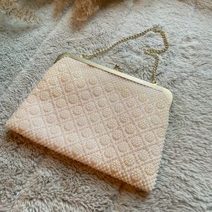 Vintage Clutch - Cream beaded purse with gold trim